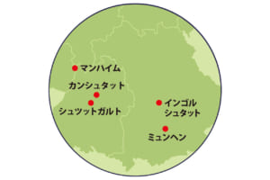 ドイツ車の各ブランド発祥の南部地図拡大。