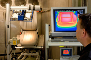 冬のドライブで助かるのがシートヒーターである。座面や背もたれから体を温めてくれるので、オートマチック・クライメートコントロールがクルマ全体を暖めるより先に身体の冷えを取り除いてくれる。写真はシートヒーターの作動テスト。