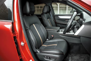 シートは前後ともにナッパレザーが使用され、カッパー色のセンターラインが特徴的だ。通常のドライブエディションはブラックおよびグレージュのレザーシートの選択が可能で、グレージュはセンターラインがブラックとなる。どちらのグレードでも前席パワーシートや前後席シートヒーターが装備されるなど充実した内容だ。