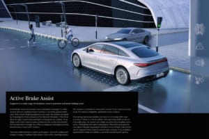 アクティブブレーキアシストは、車載センサーにより、前方を走行する車両、交差する車両、対向車両と衝突する危険性がないかを検知する。写真はEQS。