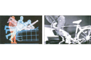 メルセデス・ベンツは歩行者保護のため、ボンネットに補強材を使用していない。写真左側はボンネットに歩行者が乗り上げた場合の図面。写真右側は自転車が「ヘッドライトユニット」に当たった場合の図面。