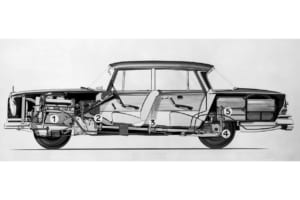 図面解説：1959年8月に生産を開始した220Sb／W111（通称「羽根ベン」）の前後衝撃吸収式ボディ構造（フルモノコック）と頑丈な客室構造。