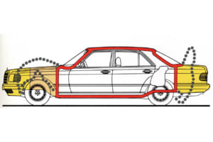 図面解説：1979年9月発表のSクラス／W126の前後衝撃吸収式ボディ構造と頑丈な客室構造。