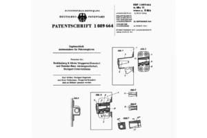 1958年に特許を取得したウェッジ（くさび型）・ピンロックはドアロックをしていない状態で衝撃を受けてもドアは開かない構造であった。写真はその特許証明書。