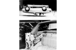 1986年SLにオートマチックロールバーを搭載することによって新しい横転安全基準を設定。車体の傾斜が一定速度以上（4G）になるとセンサーがその状況を検知し、ルーフの開閉状態に関係なくスプリングによってロールバーを押し上げ5トンの力に耐える強度で、横転保護する。写真は横転テストとテスト後に作動したオートマチックロールバー。