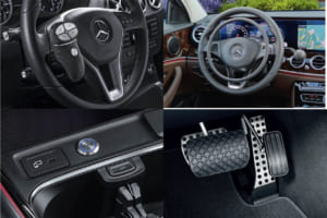 左上から順に、多機能ロータリーノブ「MFD TOUCH」、アクセルリング、電気ペダルの再配置（左右をセンターコントのカラーボタンでセレクト）、ペダル位置を高くする。