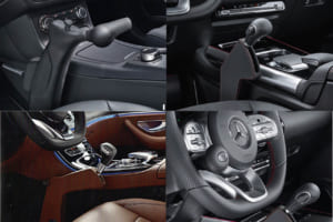 左上から順に、「Classic」ハンドコントロールユニット、「Easy Speed」ハンドコントロールユニット、「Multima Pro」ハンドコントロールユニット、ステアリングホイールノブ。