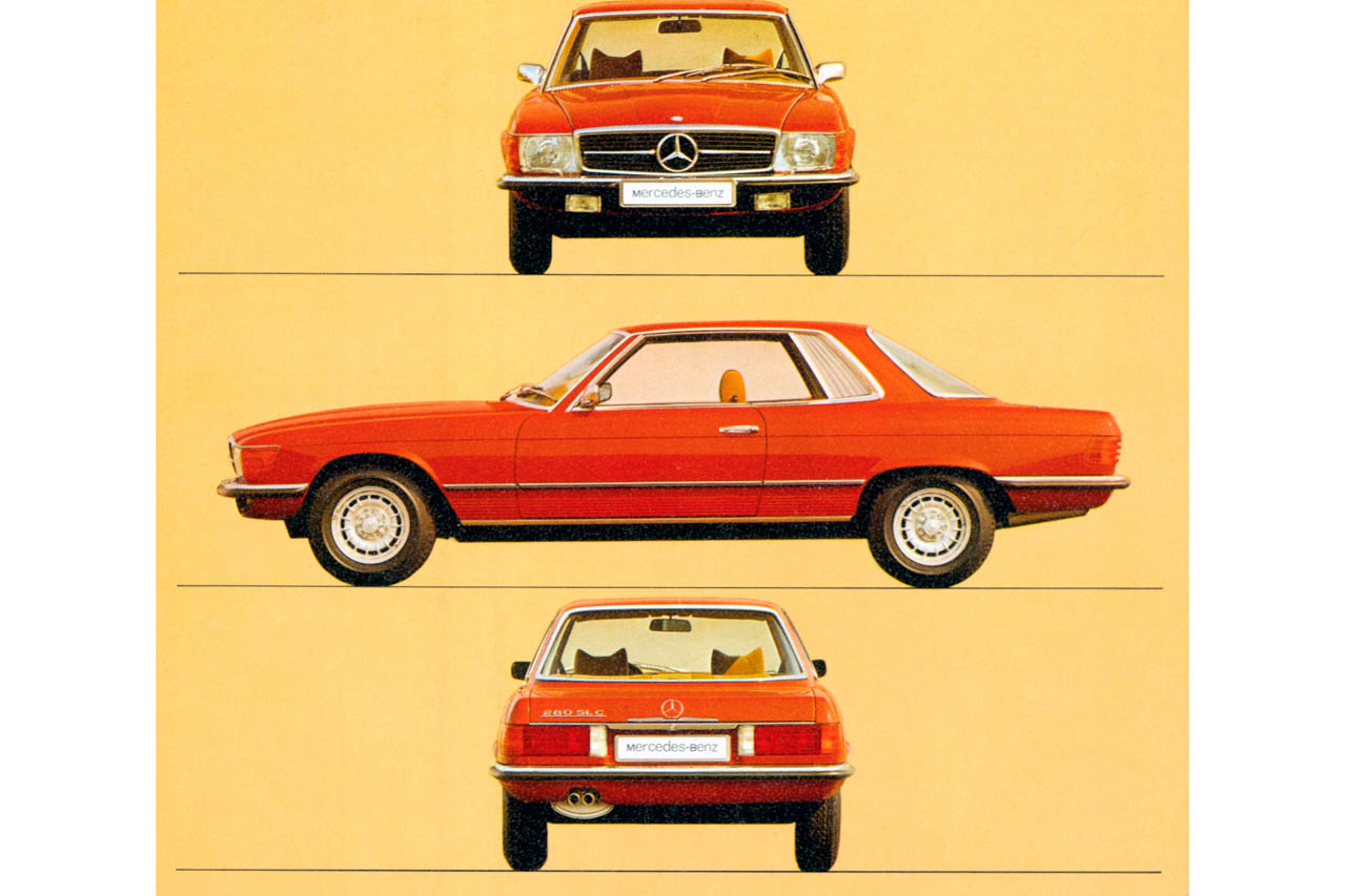 メルセデス・ベンツ280SLC/C107(1974年~1980年)の3カット(フロント、サイド、リア)。