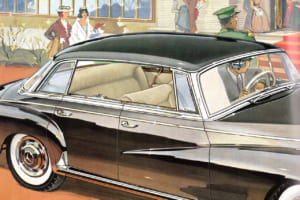 豪華なパーティでも愛用された:イラストは300d/W189で、ピラーレス・ハードトップ4ドア・シックスラインのボディとなり、グラスセクションの広いすっきりとしたルックスであることが最大の特徴。