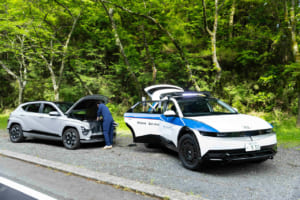通称「Hyundai Qちゃん」と呼ばれるモバイルサービスカー。特殊工具を含む整備用具や、事務手続きのためのプリンター電源は、IONIQ 5のV2L機能を活用する。まずはCXC横浜に導入され、今後全国へ徐々に展開する予定だ。