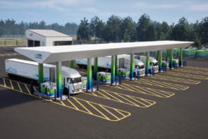 2025年4月にヒョンデが発表した大型車向けデュアルエネルギーステーション「HTWO Energy Savannah」の計画イメージ。米国ジョージア州のサバンナ港近郊に建設され、1日1200kgの水素製造・充填を行う。クラス8トラック「エクシエント」による港湾・工場間物流のゼロエミッション化構想だ。