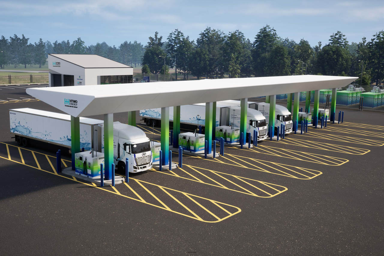 2025年4月にヒョンデが発表した大型車向けデュアルエネルギーステーション「HTWO Energy Savannah」の計画イメージ。米国ジョージア州のサバンナ港近郊に建設され、1日1200kgの水素製造・充填を行う。クラス8トラック「エクシエント」による港湾・工場間物流のゼロエミッション化構想だ。