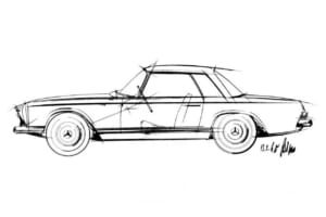 フランス人ポール・ブラックが描いた230SL／W113「パゴダ」のスケッチデザイン。ドイツのゆるぎないテクノロジーにフランスのエスプリをプラスした。